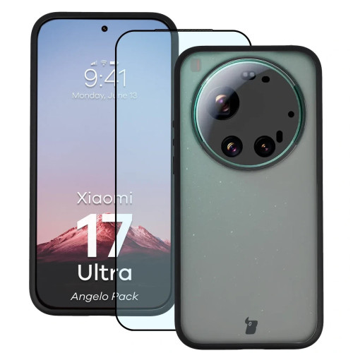 Etui + szkło hartowane Bizon Angelo Pack do Xiaomi 17 Ultra, przydymione z czarną ramką