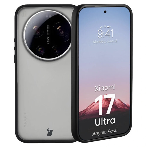 Etui + szkło hartowane Bizon Angelo Pack do Xiaomi 17 Ultra, przydymione z czarną ramką