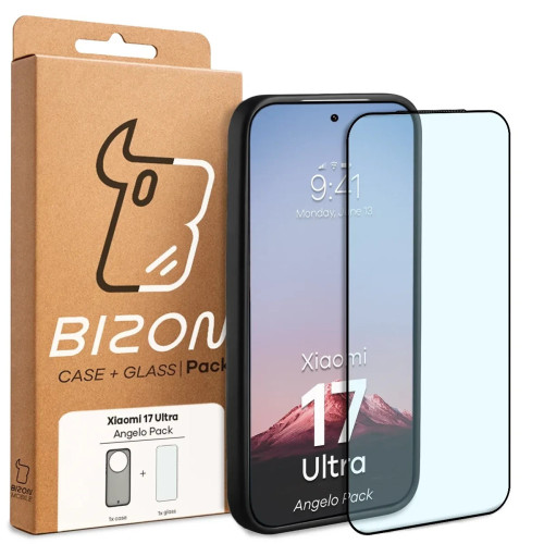Etui + szkło hartowane Bizon Angelo Pack do Xiaomi 17 Ultra, przydymione z czarną ramką