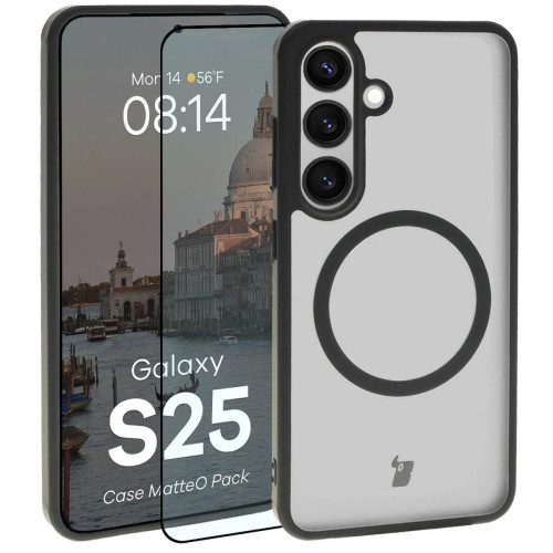 Etui z pierścieniem magnetycznym + szkło hartowane Bizon MatteO Pack do Galaxy S25, przydymione-czarne