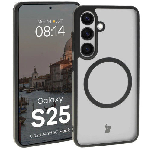 Etui z pierścieniem magnetycznym + szkło hartowane Bizon MatteO Pack do Galaxy S25, przydymione-czarne