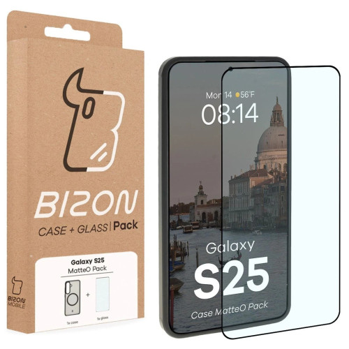 Etui z pierścieniem magnetycznym + szkło hartowane Bizon MatteO Pack do Galaxy S25, przydymione-czarne