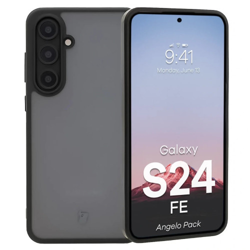 Etui + szkło hartowane Bizon Angelo Pack do Galaxy S24 FE, przydymione z czarną ramką