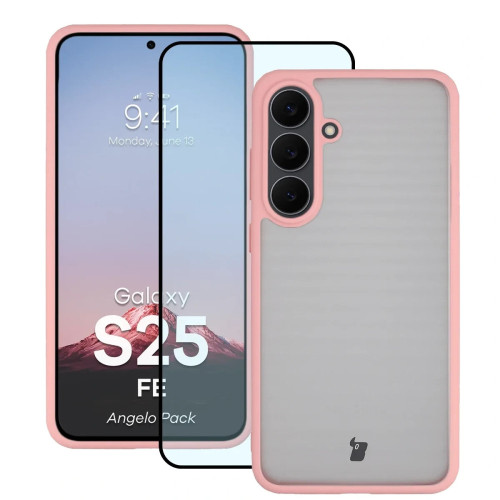 Etui + szkło hartowane Bizon Angelo Pack do Galaxy S25 FE, przydymione z jasnoróżową ramką
