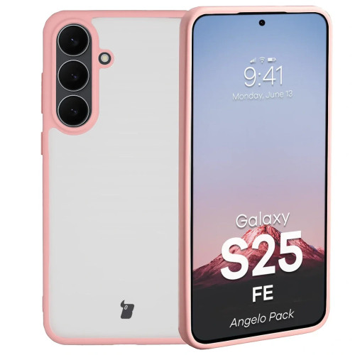 Etui + szkło hartowane Bizon Angelo Pack do Galaxy S25 FE, przydymione z jasnoróżową ramką