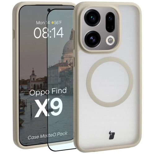 Etui z pierścieniem magnetycznym + szkło hartowane Bizon MatteO Pack do Oppo Find X9, przydymione-beżowe