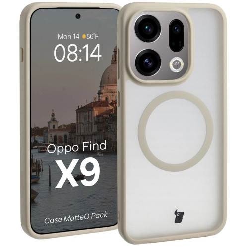 Etui z pierścieniem magnetycznym + szkło hartowane Bizon MatteO Pack do Oppo Find X9, przydymione-beżowe