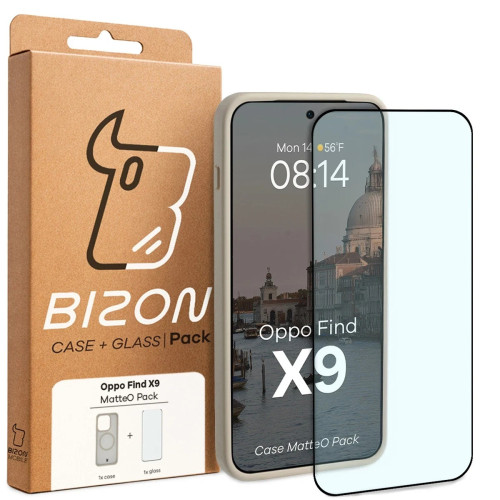 Etui z pierścieniem magnetycznym + szkło hartowane Bizon MatteO Pack do Oppo Find X9, przydymione-beżowe