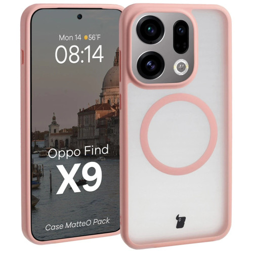 Etui z pierścieniem magnetycznym + szkło hartowane Bizon MatteO Pack do Oppo Find X9, przydymione-jasnoróżowe