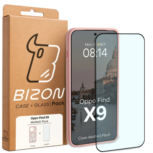 Etui z pierścieniem magnetycznym + szkło hartowane Bizon MatteO Pack do Oppo Find X9, przydymione-jasnoróżowe