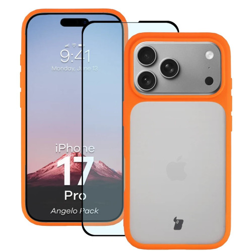 Etui + szkło hartowane Bizon Angelo Pack do Apple iPhone 17 Pro, przydymione z pomarańczową ramką