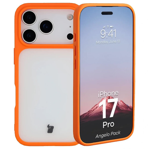 Etui + szkło hartowane Bizon Angelo Pack do Apple iPhone 17 Pro, przydymione z pomarańczową ramką