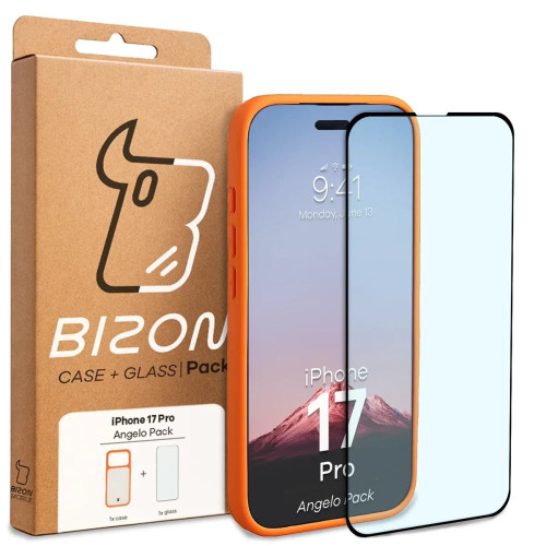 Etui + szkło hartowane Bizon Angelo Pack do Apple iPhone 17 Pro, przydymione z pomarańczową ramką