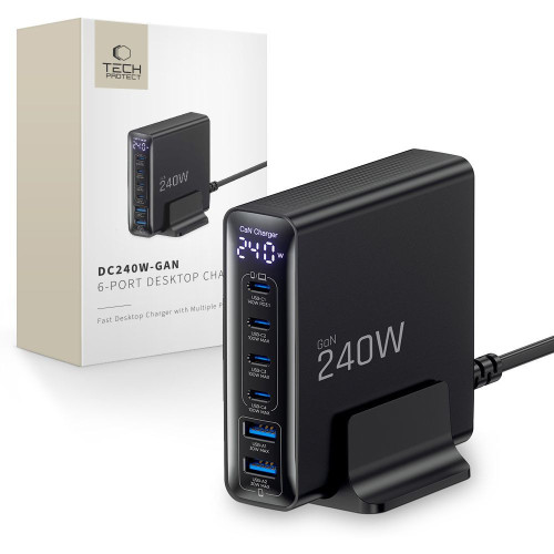 Ładowarka sieciowa Tech-Protect DC240W-GAN 6-port Desktop Charger PD 240W / QC3.0 Black