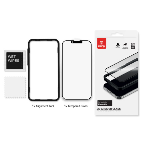 Tempered glass Crong 3D Armour Glass for Apple iPhone 17e / 16e / 14 / 13 / 13 Pro + installation frame
