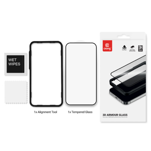 Härtglas Crong 3D Armour Glass für Apple iPhone 16 / 15 + Installationsrahmen