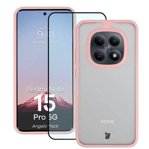 Etui + szkło hartowane Bizon Angelo Pack do Xiaomi Redmi Note 15 Pro 5G, przydymione z jasnoróżową ramką