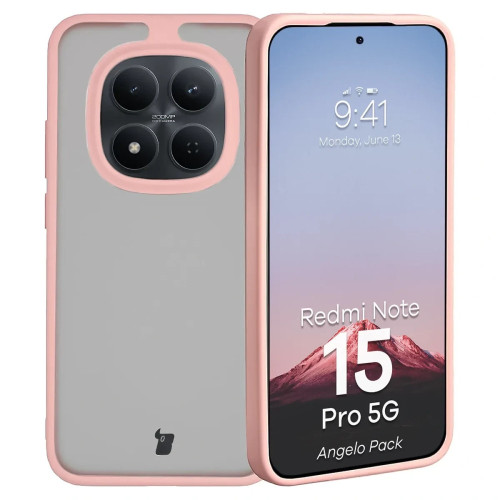 Etui + szkło hartowane Bizon Angelo Pack do Xiaomi Redmi Note 15 Pro 5G, przydymione z jasnoróżową ramką