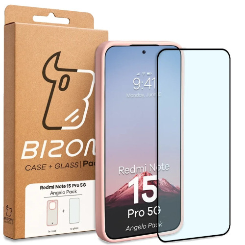 Etui + szkło hartowane Bizon Angelo Pack do Xiaomi Redmi Note 15 Pro 5G, przydymione z jasnoróżową ramką
