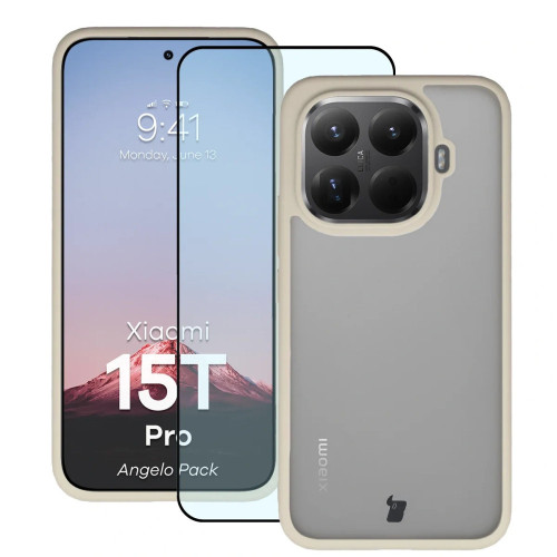 Etui + szkło hartowane Bizon Angelo Pack do Xiaomi 15T Pro, przydymione z beżową ramką
