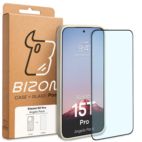 Etui + szkło hartowane Bizon Angelo Pack do Xiaomi 15T Pro, przydymione z beżową ramką