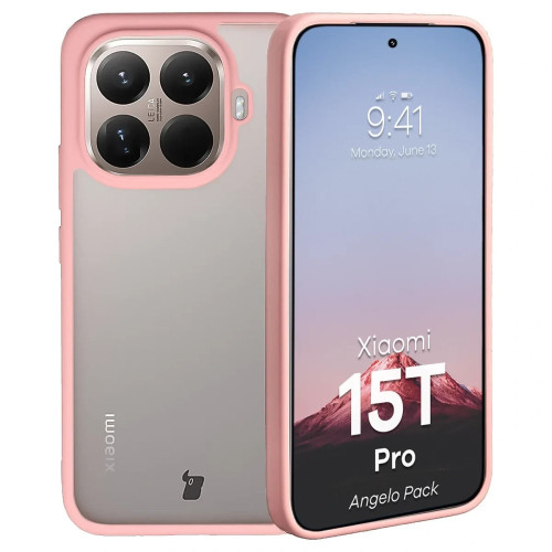 Etui + szkło hartowane Bizon Angelo Pack do Xiaomi 15T Pro, przydymione z jasnoróżową ramką
