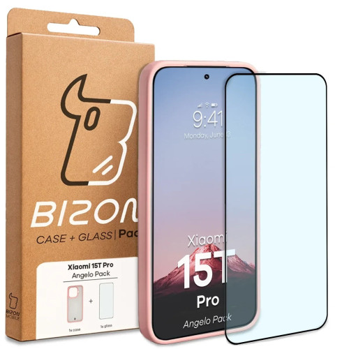 Etui + szkło hartowane Bizon Angelo Pack do Xiaomi 15T Pro, przydymione z jasnoróżową ramką