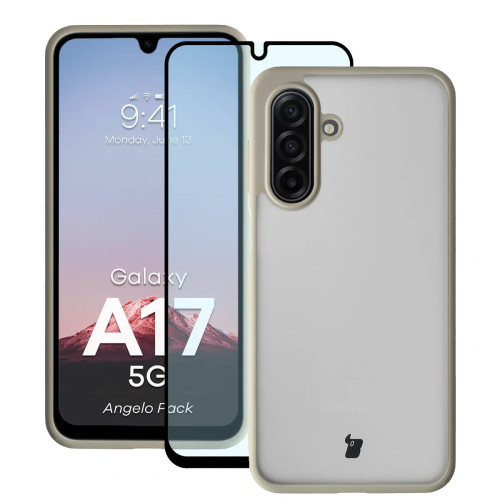 Etui + szkło hartowane Bizon Angelo Pack do Galaxy A17 5G, przydymione z beżową ramką