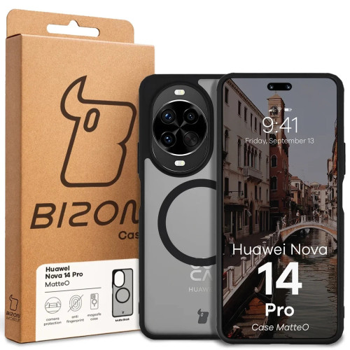 Etui z pierścieniem magnetycznym Bizon Case MatteO do Huawei nova 14 Pro, przydymione-czarne