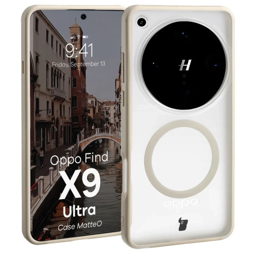 Etui z pierścieniem magnetycznym Bizon Case MatteO do Oppo Find X9 Ultra, przydymione-beżowe