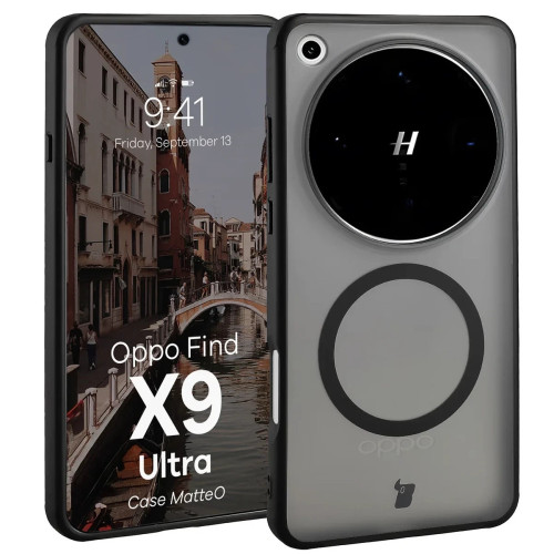 Etui z pierścieniem magnetycznym Bizon Case MatteO do Oppo Find X9 Ultra, przydymione-czarne