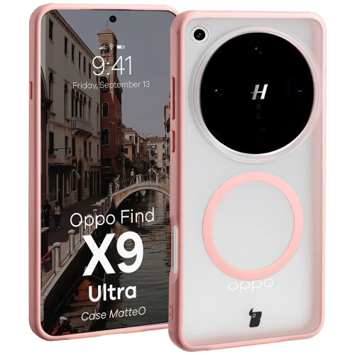 Etui z pierścieniem magnetycznym Bizon Case MatteO do Oppo Find X9 Ultra, przydymione-jasnoróżowe