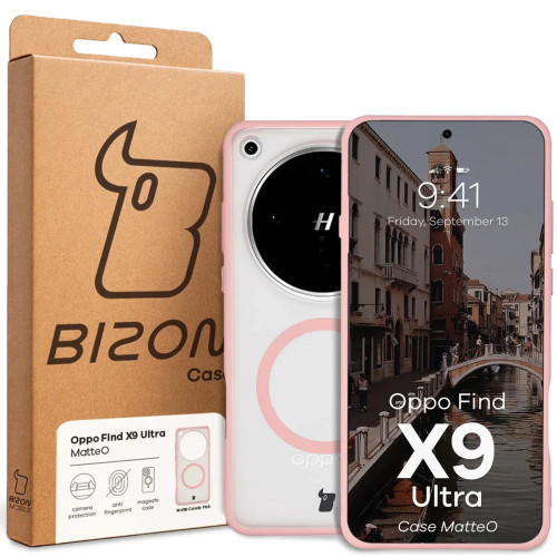 Etui z pierścieniem magnetycznym Bizon Case MatteO do Oppo Find X9 Ultra, przydymione-jasnoróżowe