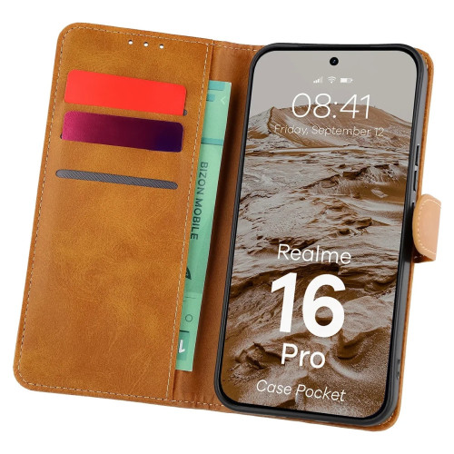 Etui z klapką Bizon Case Pocket do Realme 16 Pro 5G, brązowe