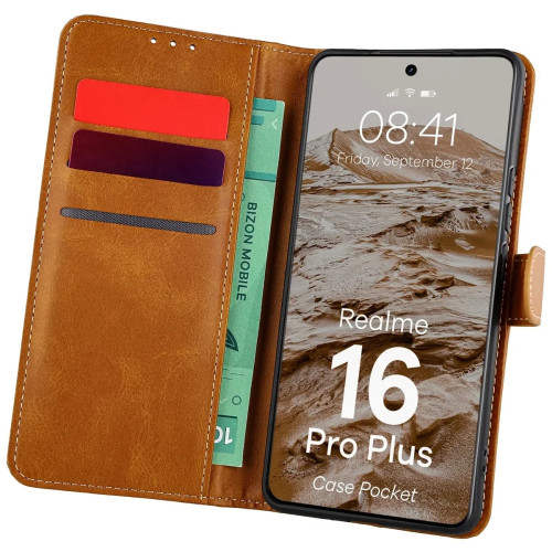 Etui z klapką Bizon Case Pocket do Realme 16 Pro Plus 5G, brązowe