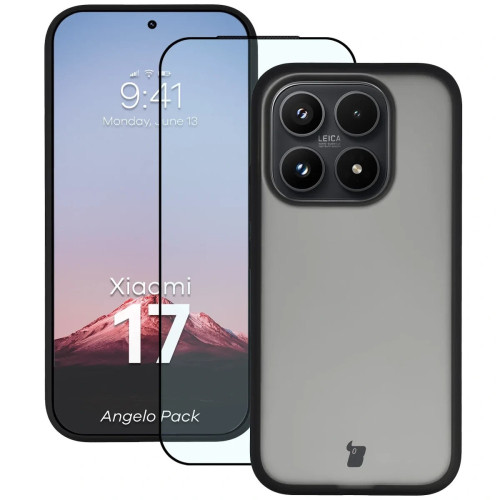 Etui + szkło hartowane Bizon Angelo Pack do Xiaomi 17, przydymione z czarną ramką
