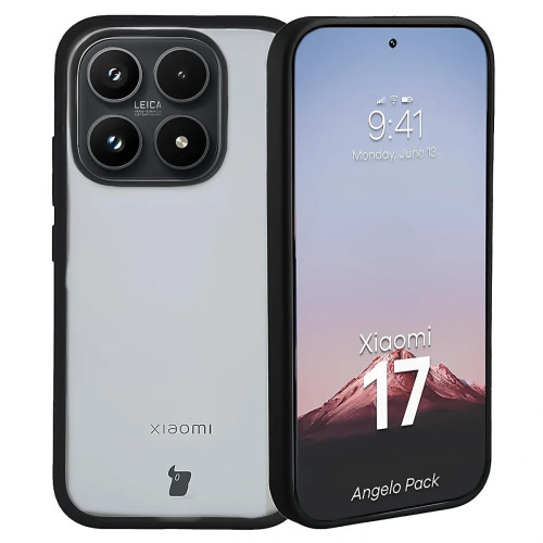 Etui + szkło hartowane Bizon Angelo Pack do Xiaomi 17, przydymione z czarną ramką