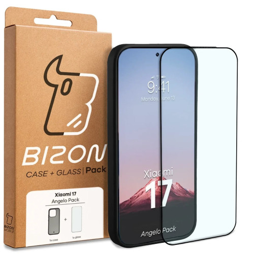 Etui + szkło hartowane Bizon Angelo Pack do Xiaomi 17, przydymione z czarną ramką