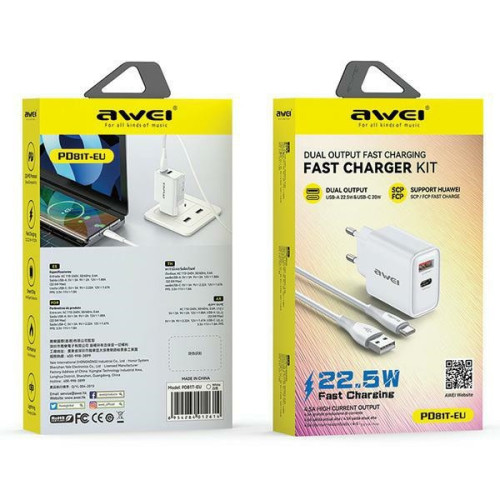 AWEI charger PD81T-EU 22.5W + USB cable + USB-C white GaN