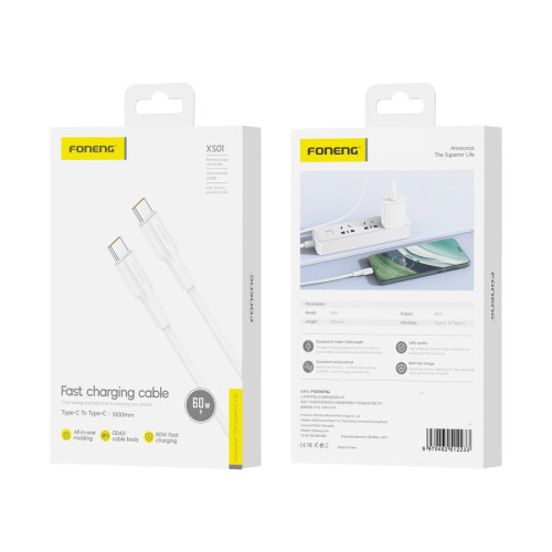 FONENG kabel XS01 USB-C - USB-C PD 60W 1M Biały