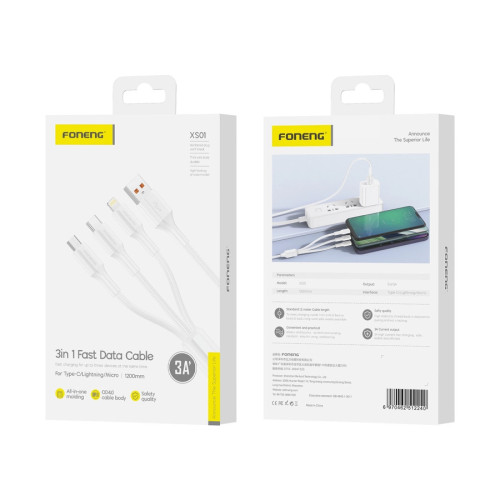 FONENG kabel XS01 3w1 3A 1.2M Biały