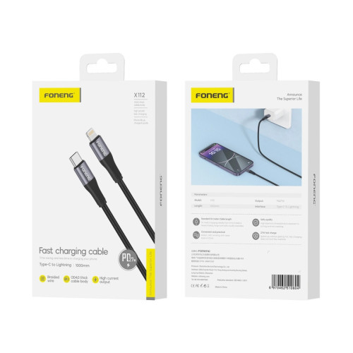 FONENG Kabel X112 USB-C - Lightning PD 27W 1M Schwarz
