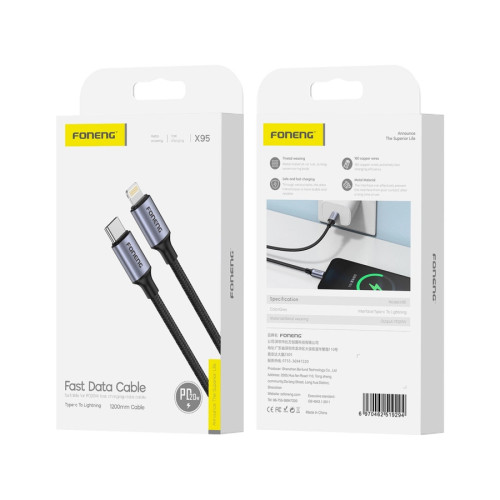 FONENG Kabel X95 USB-C - Lightning PD 20W 1.2M Schwarz