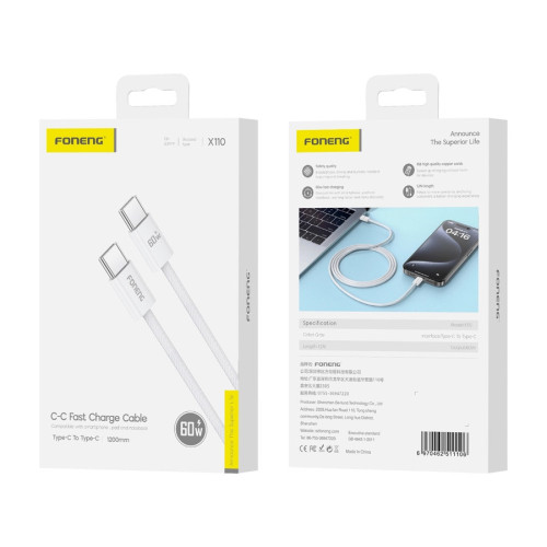FONENG kabel X110 USB-C - USB-C PD 60W 1.2M Biały