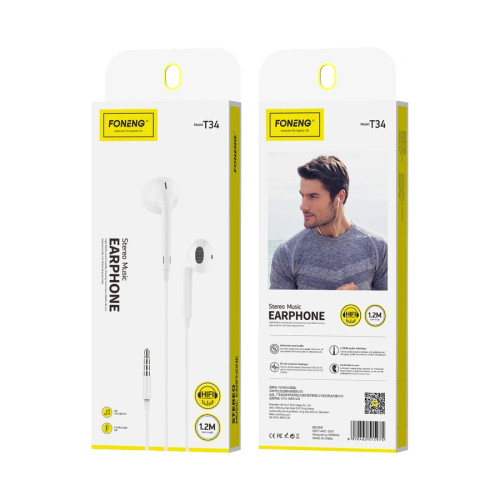 FONENG wired headphones T34 JACK 3.5MM with microphone 1.2M White