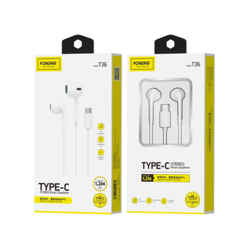 FONENG wired headphones T36 USB-C with microphone 1.2M White