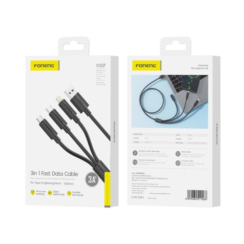 FONENG cablu XS07 3in1 3A 1.2M Negru