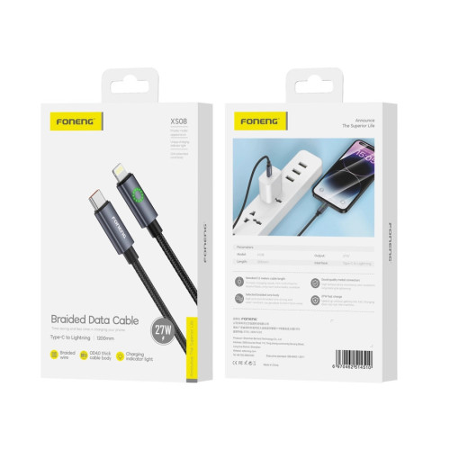 FONENG Kabel XS08 USB-C - Lightning PD 27W 1.2M Schwarz