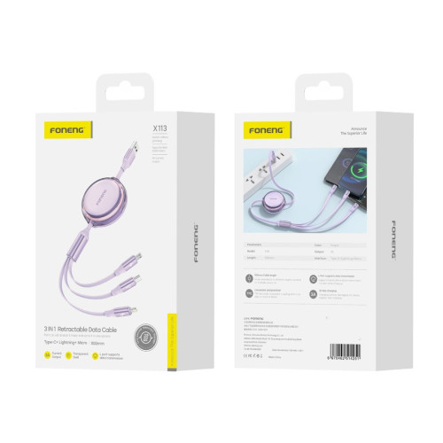 FONENG cablu X113 3in1 3A 1.1M Violet