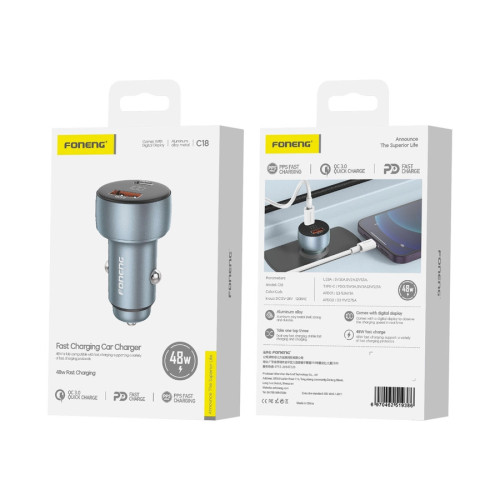 FONENG ładowarka samochodowa C18 PD 48W 1xUSB-C + 1xUSB QC3.0 Srebrny